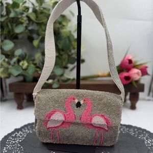 Sol & Mer Pink Flamingo Hand Beaded Shoulder Bag NWT Tropical Statement Purse
